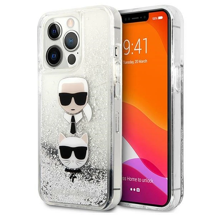 Karl Lagerfeld KLHCP13XKICGLS Apple iPhone 13 Pro Max silver hardcase Liquid Glitter Karl&Choupette Head