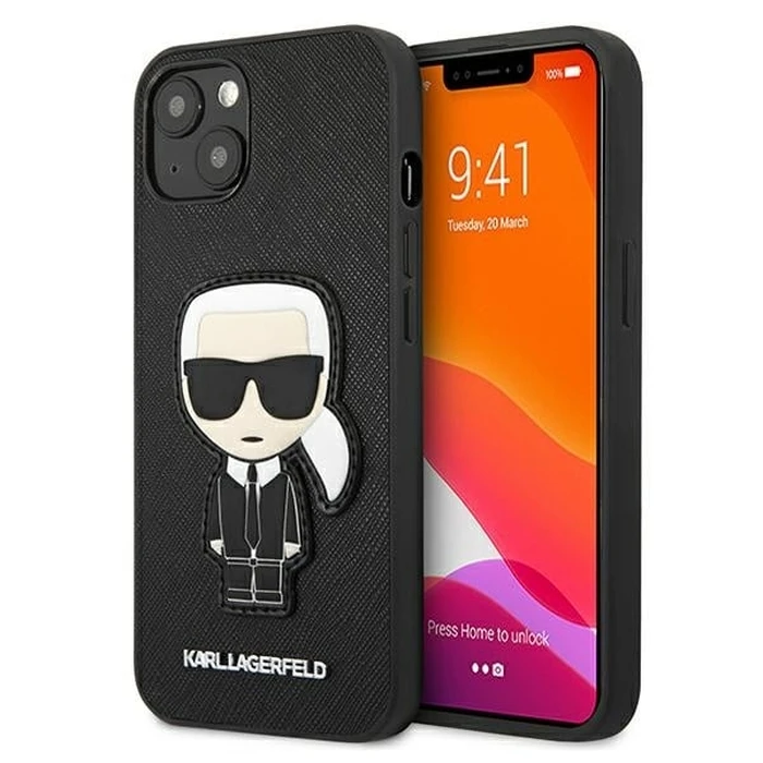 Karl Lagerfeld KLHCP13SOKPK Apple iPhone 13 mini black hardcase Saffiano Ikonik Karl`s Patch