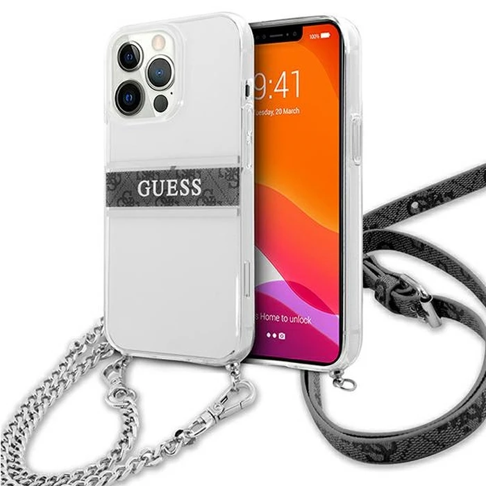 Guess GUHCP13LKC4GBSI Apple iPhone 13 Pro Transparent hardcase 4G Grey Strap Silver Chain