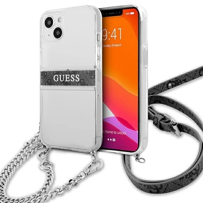 Guess GUHCP13SKC4GBSI Apple iPhone 13 mini Transparent hardcase 4G Grey Strap Silver Chain