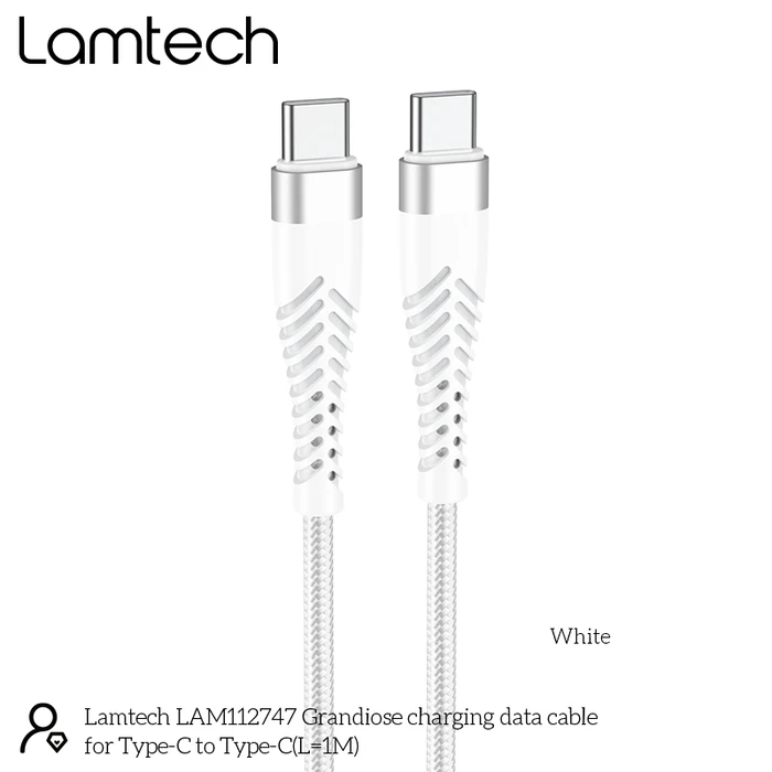 Καλώδιo USB Lamtech HQ UNBREAKABLE Type-C to Type-C WHITE 1M