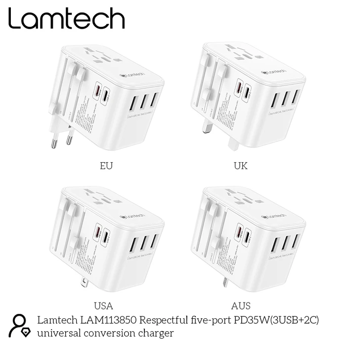 Αντάπτορας Πρίζας Lamtech Universal Travel with 3xUSB + 2xTYPE-C OUTPUTS 35W