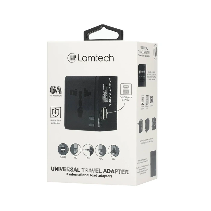 Αντάπτορας Πρίζας Lamtech Universal Travel with 2 USB PORTS AC 6A Black