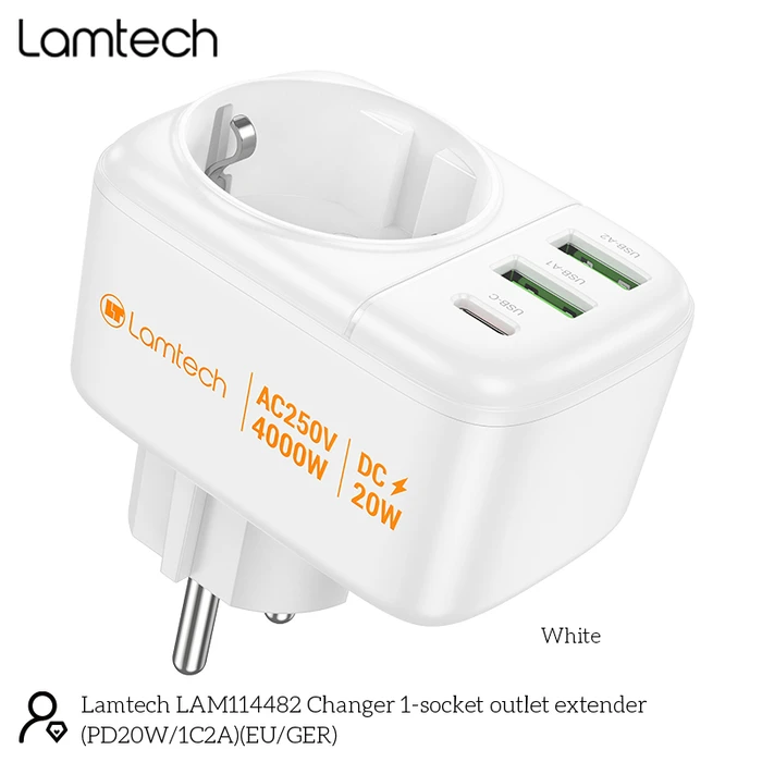 Φορτιστής Πρίζας Lamtech Multifunctional Surge 1xschuko 2xusb 1xtype-C Pd20w