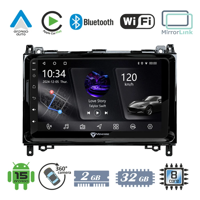 VenCore 3236-10005-0759B - 9" Android 15 PX5S Octa-Core 2GB/32GB IPS Multimedia Head Unit with Bezel, CarPlay, Android Auto and 360° Camera Support for Mercedes Sprinter II W906 2006-2018 - Black