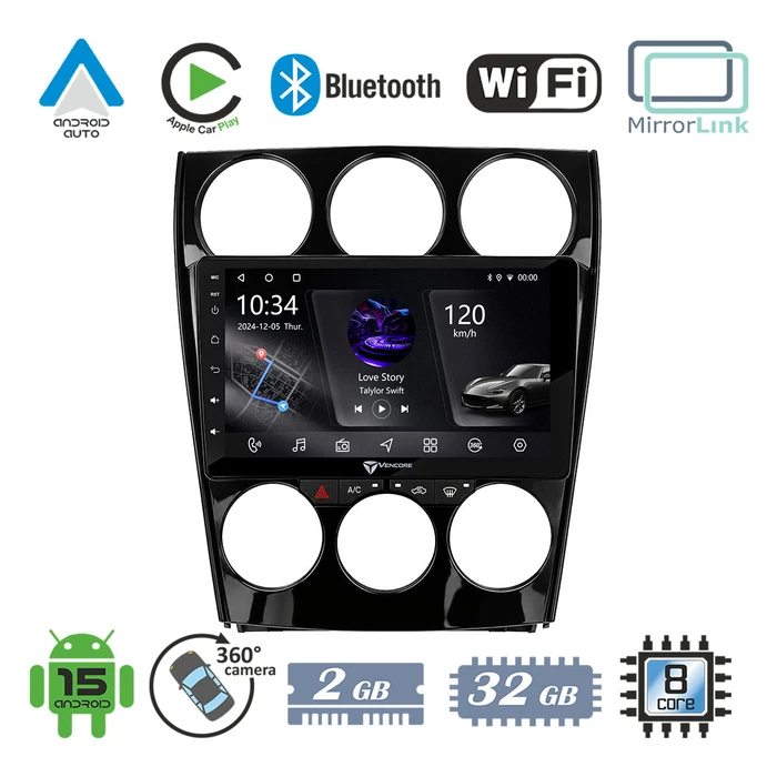 VenCore 3236-10005-0263B - Οθόνη Multimedia Android 15 9" PX5S Octa-Core 2GB/32GB IPS για Mazda 6 2002-2008 – Μαύρη