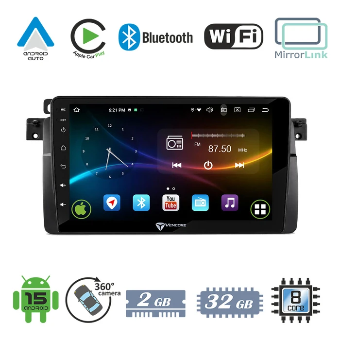 VenCore 3236-10007-0603B - Οθόνη Multimedia Android 15 9" 9109A MTK6762 Octa-Core 2GB/32GB IPS με Πρόσοψη, CarPlay, Android Auto και Υποστήριξη Κάμερας Οπισθοπορείας AHD για BMW Series 3 E46 1998-2005 – Μαύρη