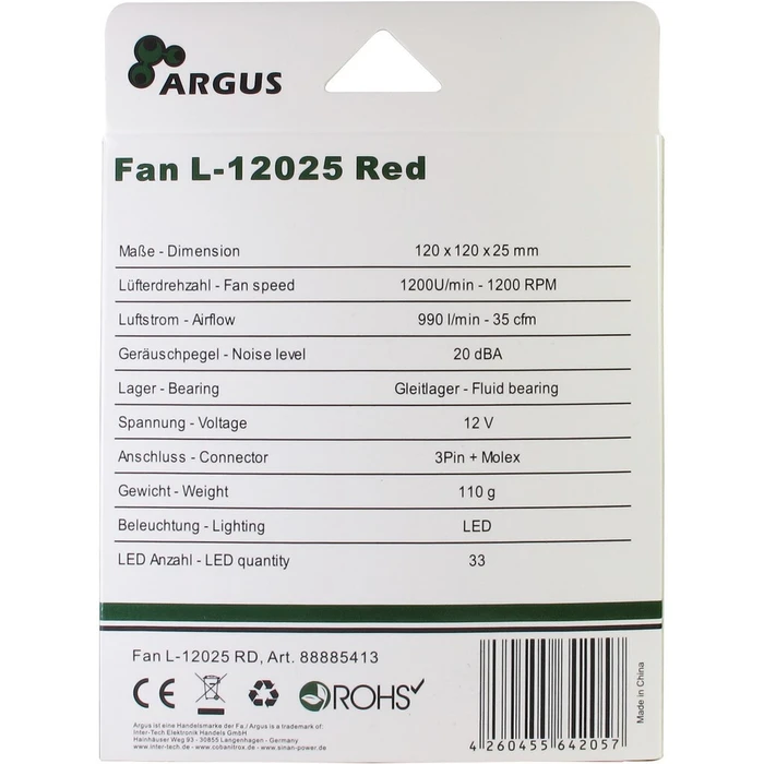 Case Fan 12cm Inter-Tech Argus L-12025 RD, rot