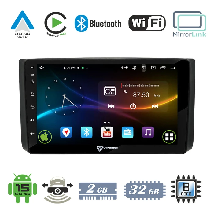 VenCore 3236-10007-0725B - 9" Android 15 Multimedia Head Unit for Chevrolet Aveo 2006-2010, MTK6762, 2GB/32GB, CarPlay & Android Auto, CANbus Box - Black
