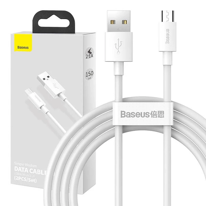 Καλώδιο USB to Micro-USB Baseus Simple Wisdom Data Kit 2.1A (2PCS/Set) 1.5m White