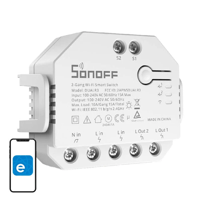 Έξυπνος Ενδιάμεσος Διακόπτης Sonoff WiFi Dual R3 (Λευκό)