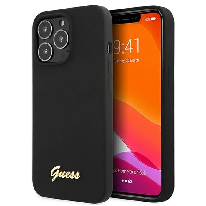 Guess GUHMP13LLSLMGBK Apple iPhone 13 Pro black hardcase Silicone Script Gold Logo