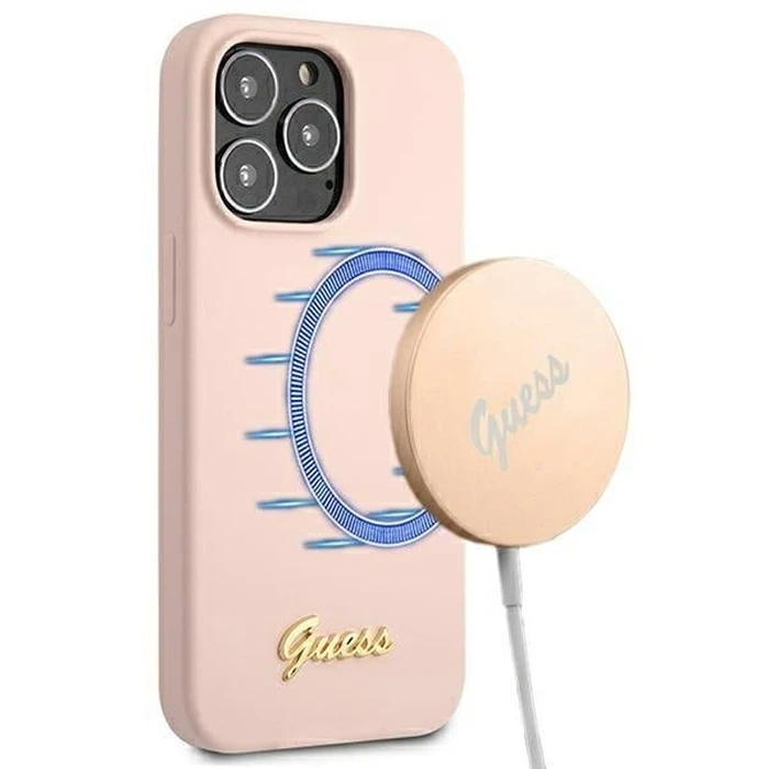 Guess GUHMP13XLSLMGLP Apple iPhone 13 Pro Max light pink hardcase Silicone Script Gold Logo Magsafe