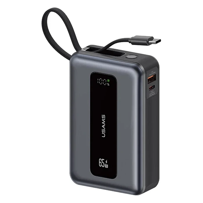 USAMS CD243 Power Bank 20000mAh with USB-C Cable, 2x Output Ports, 65W, Grey