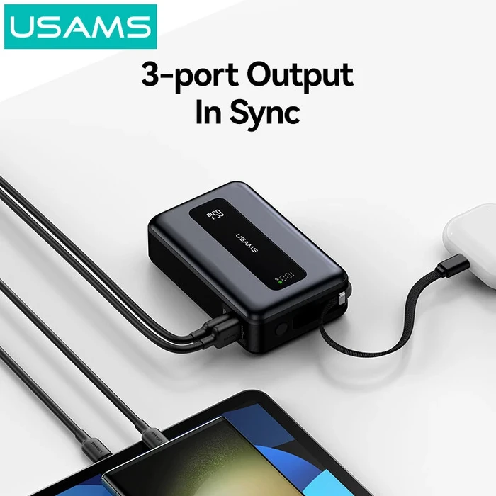 USAMS CD243 Power Bank 20000mAh with USB-C Cable, 2x Output Ports, 65W, Grey