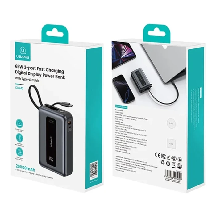 USAMS CD243 Power Bank 20000mAh with USB-C Cable, 2x Output Ports, 65W, Grey