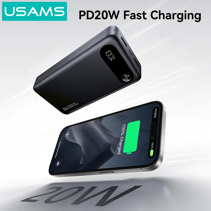 USAMS CD251 Power Bank 20000mAh PD20W with Display, 3x Output Ports, Black
