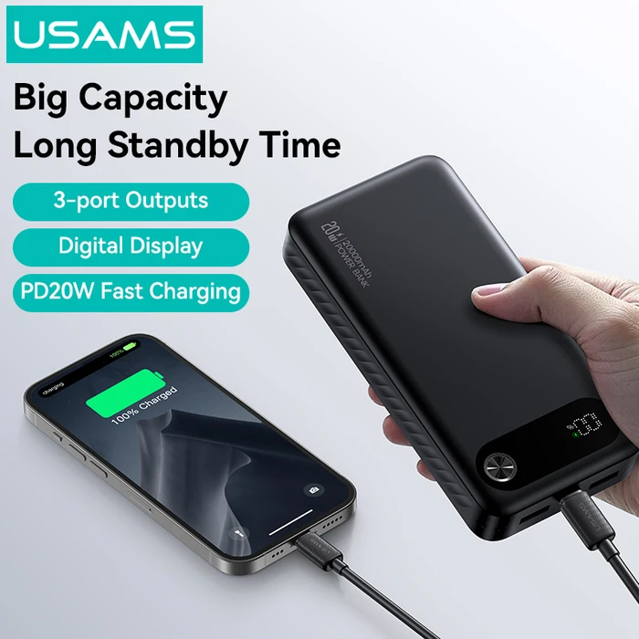 USAMS CD251 Power Bank 20000mAh PD20W with Display, 3x Output Ports, Black