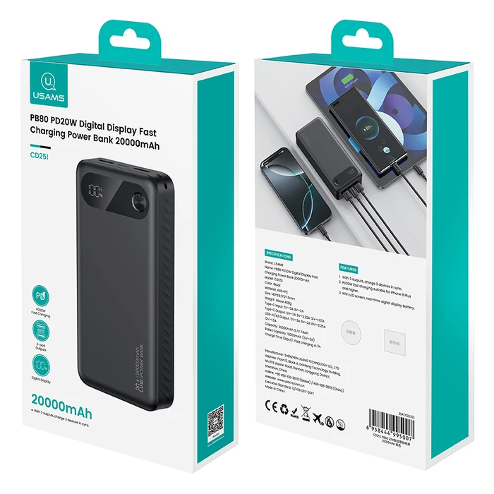 USAMS CD251 Power Bank 20000mAh PD20W with Display, 3x Output Ports, Black