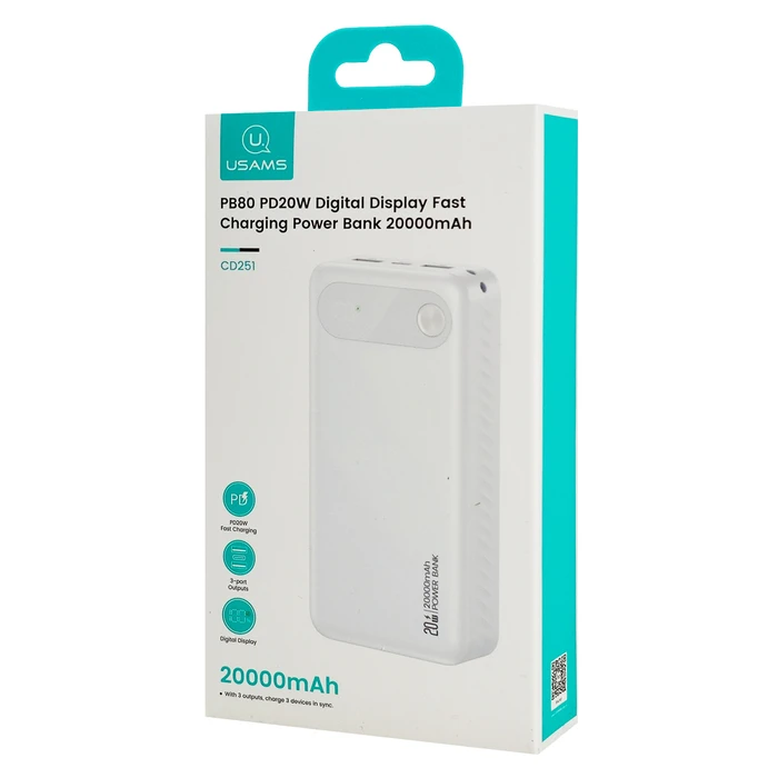 USAMS Power Bank CD251 with display, 3x output ports, 20000mAh, PD 20W, White