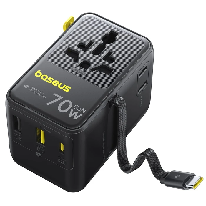 Baseus Enercore CG11 70W Network Charger - Universal Adapter 2×AC, 2×USB-A, 2×USB-C with Retractable USB-C Cable, Black (E0307E00)