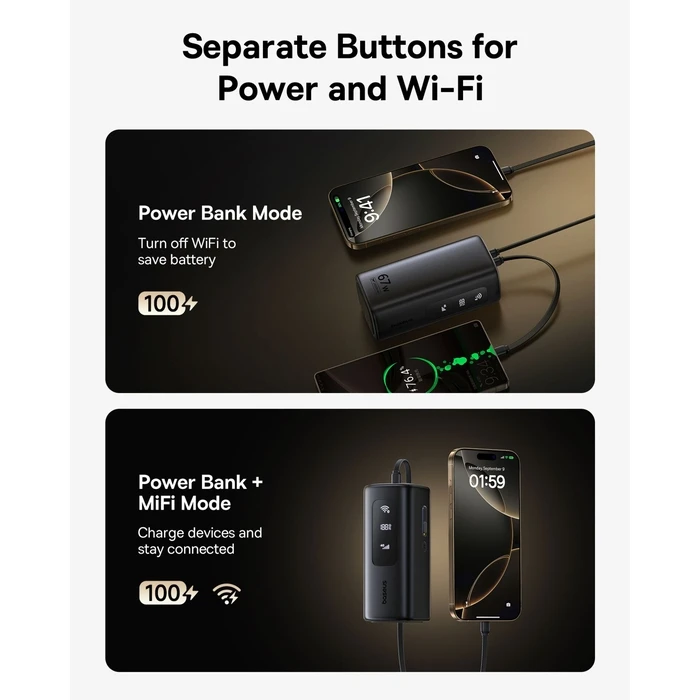 Baseus EnerGeek GX11 MiFi Power Bank 20000mAh 67W with USB-A and 2 USB-C Ports Black