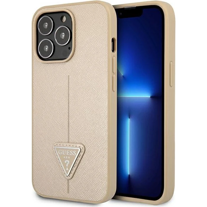 Guess GUHCP13LPSATLE Apple iPhone 13 Pro beige hardcase Saffiano Triangle Logo