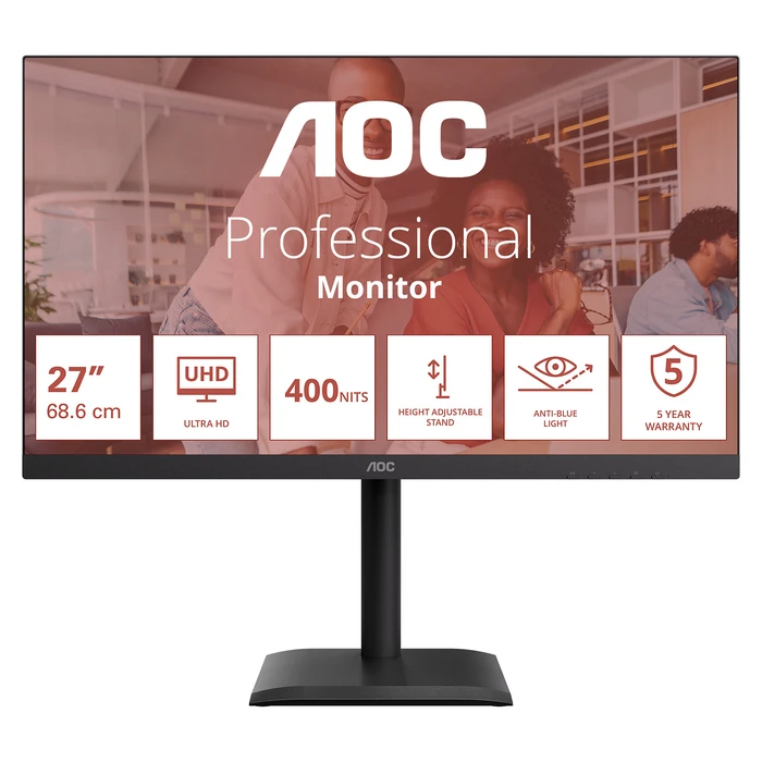 Monitor 27" AOC U27E4CV - Ultra HD, Speakers, (3840x2160, 60 Hz, 2x HDMI 2.0, ((90W PD), RJ45, USB Hub) Black
