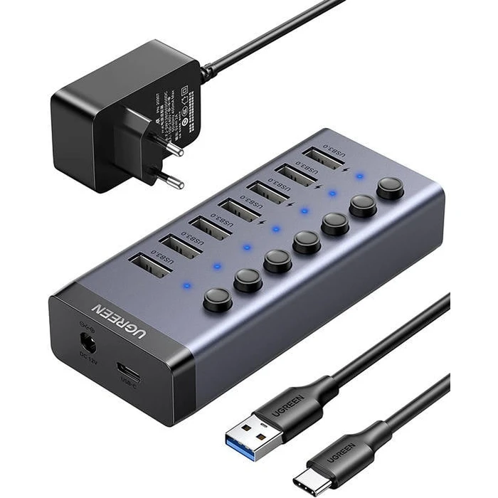 Hub UGREEN 7in1 USB-C, 7x USB-A 3.0 12V 2A (black)