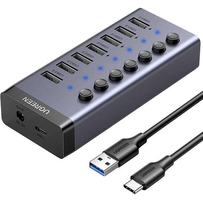 Hub UGREEN 7in1 USB-C, 7x USB-A 3.0 12V 2A (black)