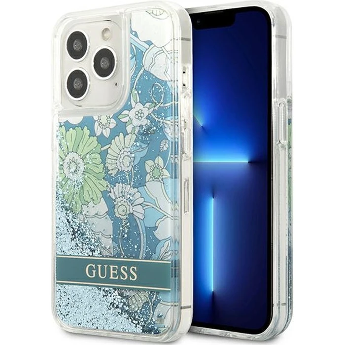 Guess GUHCP13LLFLSN Apple iPhone 13 Pro green hardcase Flower Liquid Glitter