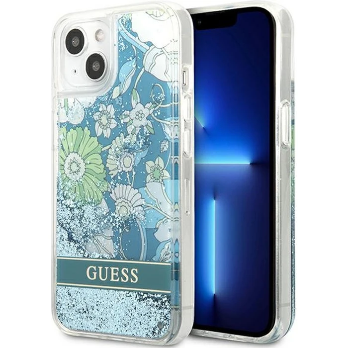 Guess GUHCP13MLFLSN Apple iPhone 13 green hardcase Flower Liquid Glitter