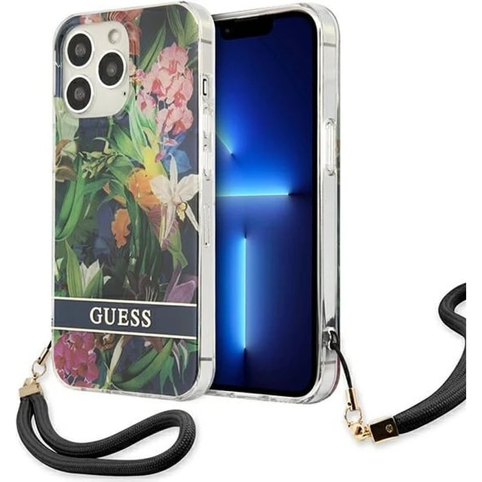 Guess GUHCP13LHFLSB Apple iPhone 13 Pro blue hardcase Flower Strap