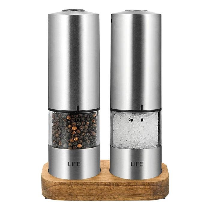 Ηλεκτρικός Τρίφτης Life Σετ 2 Επαναφορτιζόμενοι Αλάτι & Πιπέρι σε ξύλινη βάση