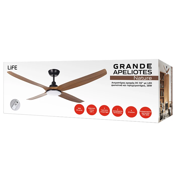 LiFE GRANDE APELIOTES NATURE 56-inch (142 cm) DC Ceiling Fan with LED Light and Remote, 38W