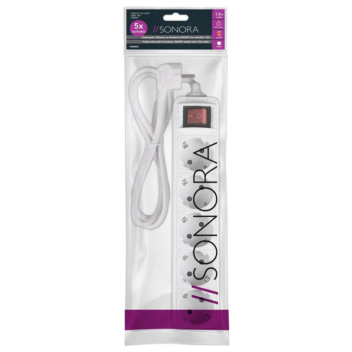 Πολύπριζο Sonora PSW501 4 θέσεων με καλώδιο 1.5m λευκό χρώμα.