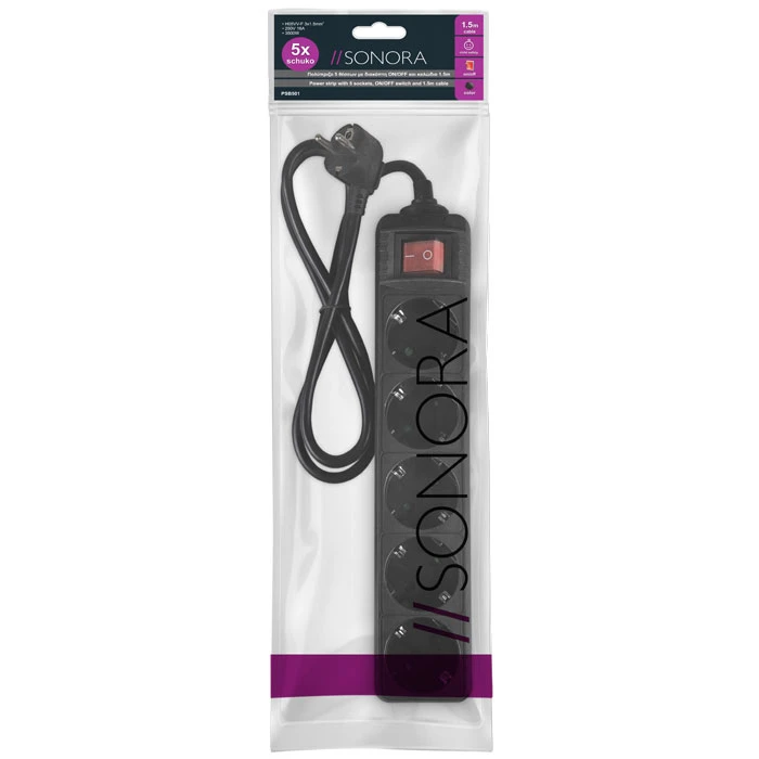 Πολύπριζο Sonora PSB501 5 Θέσεων με Διακόπτη και Καλώδιο 1.5m Black