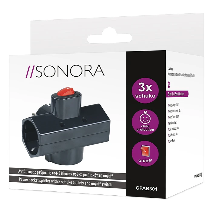 Αντάπτορας Ρεύματος Ταφ Sonora Cpab301 3 Θέσεων Σούκο Με Διακόπτη On/Off