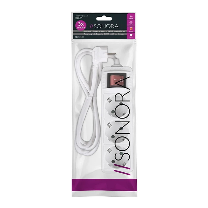 Πολύπριζο Sonora PSW301 3 Θέσεων με Διακόπτη και Καλώδιο 3m White
