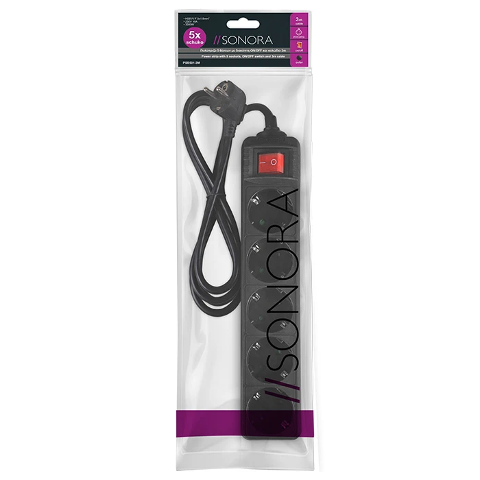 Πολύπριζο 5 Θέσεων Με Διακόπτη On/Off Και Καλώδιο 3m Σε Μαύρο Χρώμα