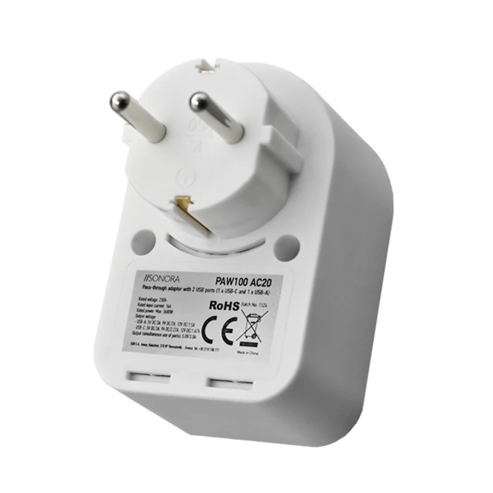 Αντάπτορας Ρεύματος Sonora με pass-through και 2 θύρες USB (1 x USB-C & 1 x USB-Α)