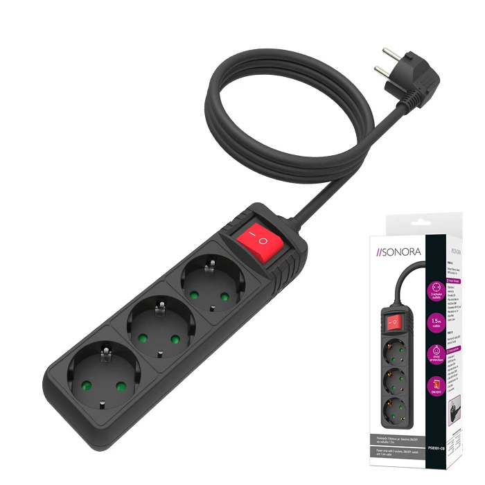 Sonora Power Strip - 3 Schuko Sockets with ON/OFF Switch and 1.5m Cable