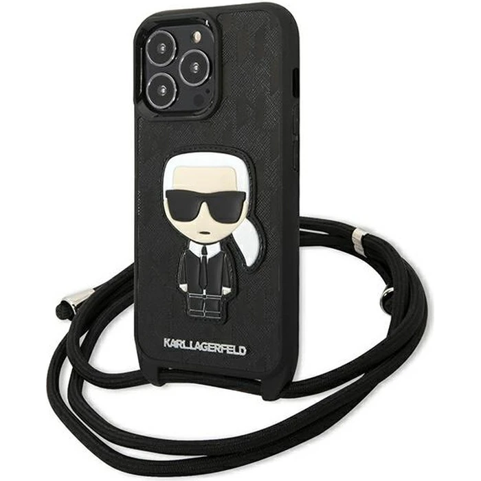 Karl Lagerfeld KLHCP13LCMNIPK Apple iPhone 13 Pro hardcase black Leather Monogram Patch and Cord Iconik