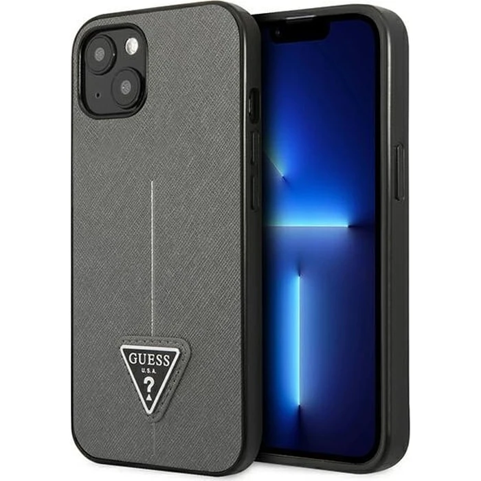 Guess GUHCP13MPSATLG Apple iPhone 13 silver hardcase Saffiano Triangle Logo