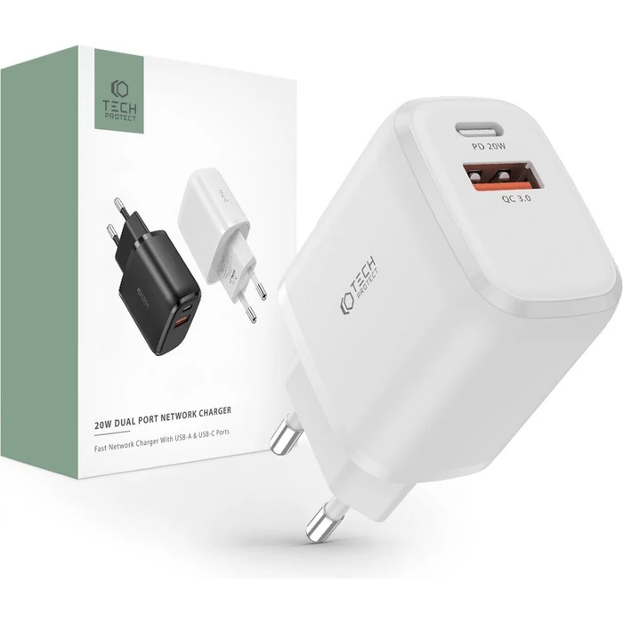 Tech-Protect C20W 2-port Network Charger PD 20W QC 3.0 White