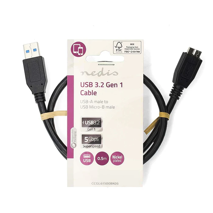Kαλώδιο USB Nedis 3.2 Gen 1x1 A αρσ. - USB Micro B αρσ., 0.50m, Μαύρο