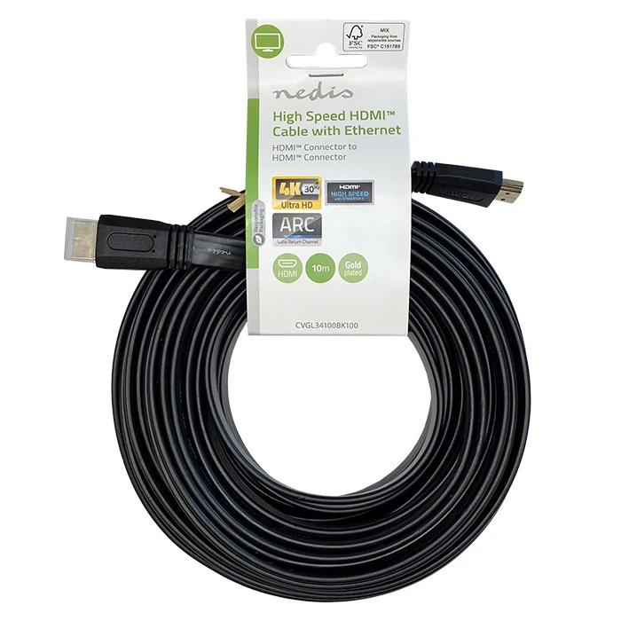Καλώδιο HDMI Nedis Flat High speed with Ethernet, αρσ. - αρσ., με επίχρυσες επαφές, 10m.
