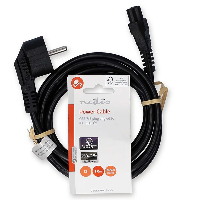 Καλώδιο Τροφοδοσίας Nedis Schuko αρσ. σε γωνία 90°- IEC-320-C5, 2m.