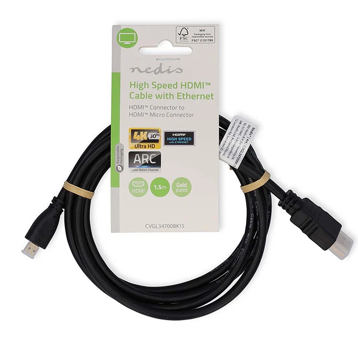 Καλώδιο HDMI Nedis High speed with Ethernet, Micro αρσ. - αρσ., με επίχρυσες επαφές, 1.50m.