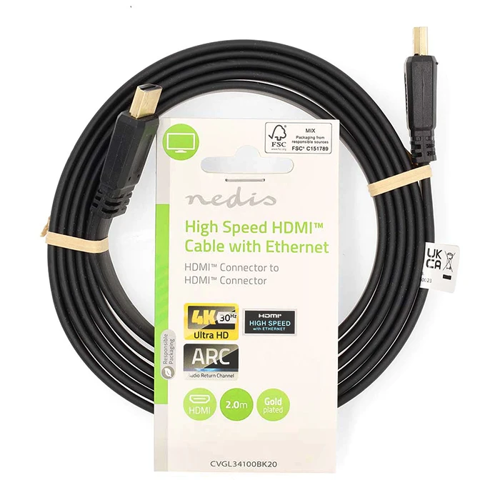 Καλώδιο HDMI Flat Nedis High speed with Ethernet, αρσ. - αρσ., με επίχρυσες επαφές, 2.00m.